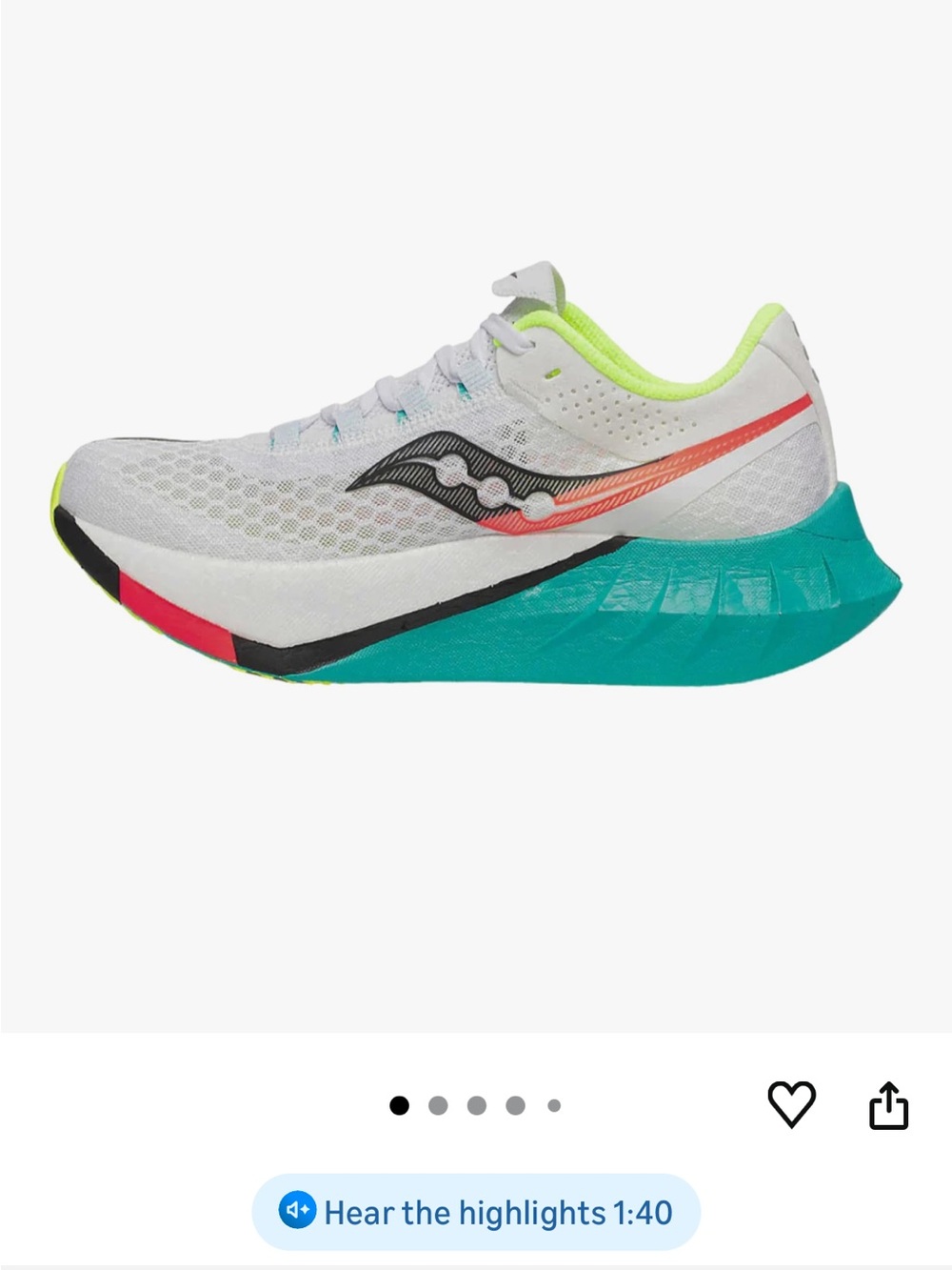 Saucony white teal neon running shoe with coral stripe
